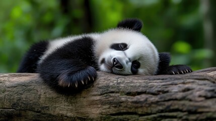 Adorable panda cub sleeping peacefully on a log