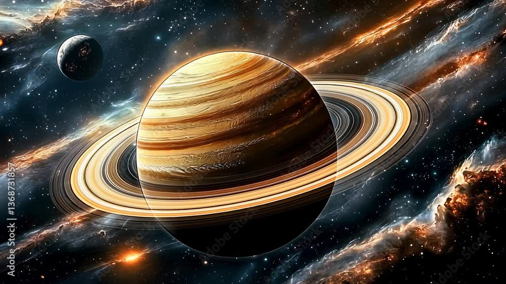 Poster saturn with rings and moons in deep space nebula background