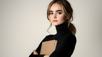Confident young woman holds book indoors during studio session against plain backdrop