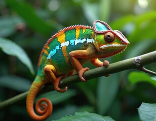 Vibrant chameleon climbs green tree branch. Colorful reptile camouflage ability. Lizard in natural tropical environment with rich green plants. Wildlife animal on branch. Exotic creature with