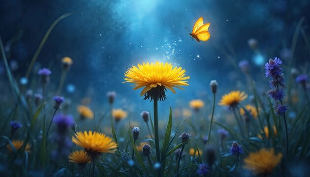 Fototapeta Yellow dandelion blooms at night in dense grass. Butterfly flies above flower. Mystical background with glow effect. Dreamy scene in forest. Magical, dreamy, fantasy nature landscape.