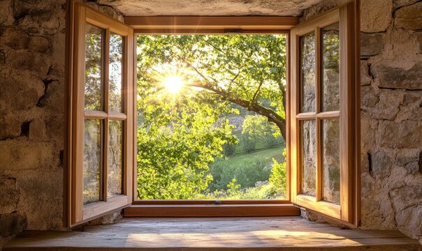 Fototapeta Open window with wood frame set into stone wall allowing natural light and outdoor view. Vintage, rustic architectural detail.