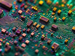 Obraz premium A detailed view of a vibrant green circuit board with various chips, capacitors, and intricate circuit traces, showcasing modern technology.