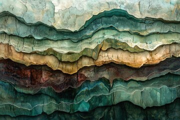 Abstract layers of earth tones create a textured, organic landscape with a mix of warm and cool colors.