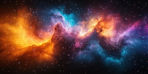 Obraz premium Vibrant cosmic cloud formation glowing in hues of orange and blue against a backdrop of sparkling stars