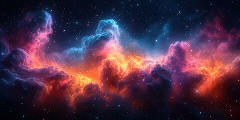 Naklejka premium Colorful cosmic nebula displays vibrant hues of pink, blue, and orange across the night sky, creating a breathtaking visual experience