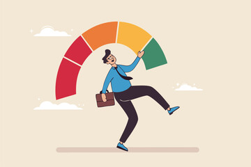 Performance evaluation, employee rating assessment, appraisal review or high potential employee, staff achievement, excellent job candidate concept, happy businessman on high performance gauge.