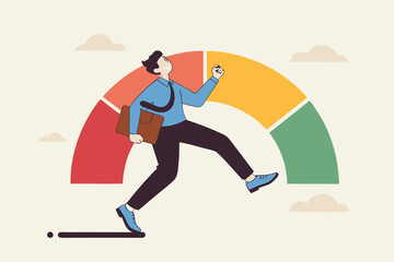 Performance evaluation, employee rating assessment, appraisal review or high potential employee, staff achievement, excellent job candidate concept, happy businessman on high performance gauge.