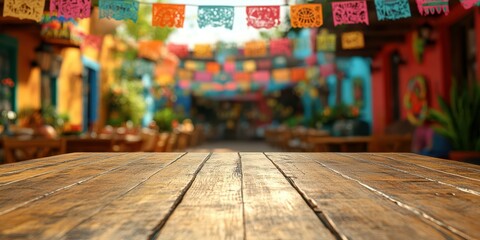 Fototapeta premium Colorful decorations enhance a vibrant outdoor dining area in a lively location during a sunny afternoon