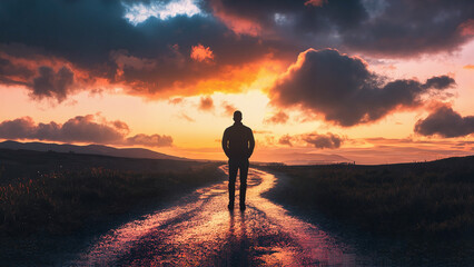 Obraz premium Silhouette of a person standing at a crossroads, choosing the path to sobriety, concept of recovery and new beginning, Shadow Self Concept, psychological tension