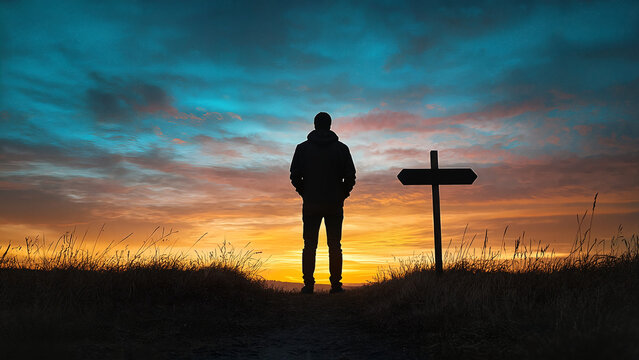  Silhouette of a person standing at a crossroads, choosing the path to sobriety,  concept of recovery and new  beginning, Shadow Self Concept, psychological tension