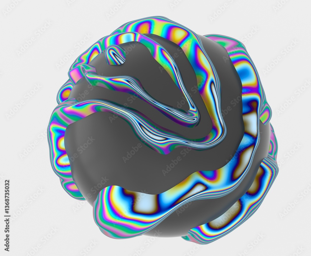 Aufkleber 3D abstract sphere with colorful, fluid-like stripes on a dark surface, creating a vibrant, psychedelic, and wavy pattern. The design is futuristic and visually dynamic.