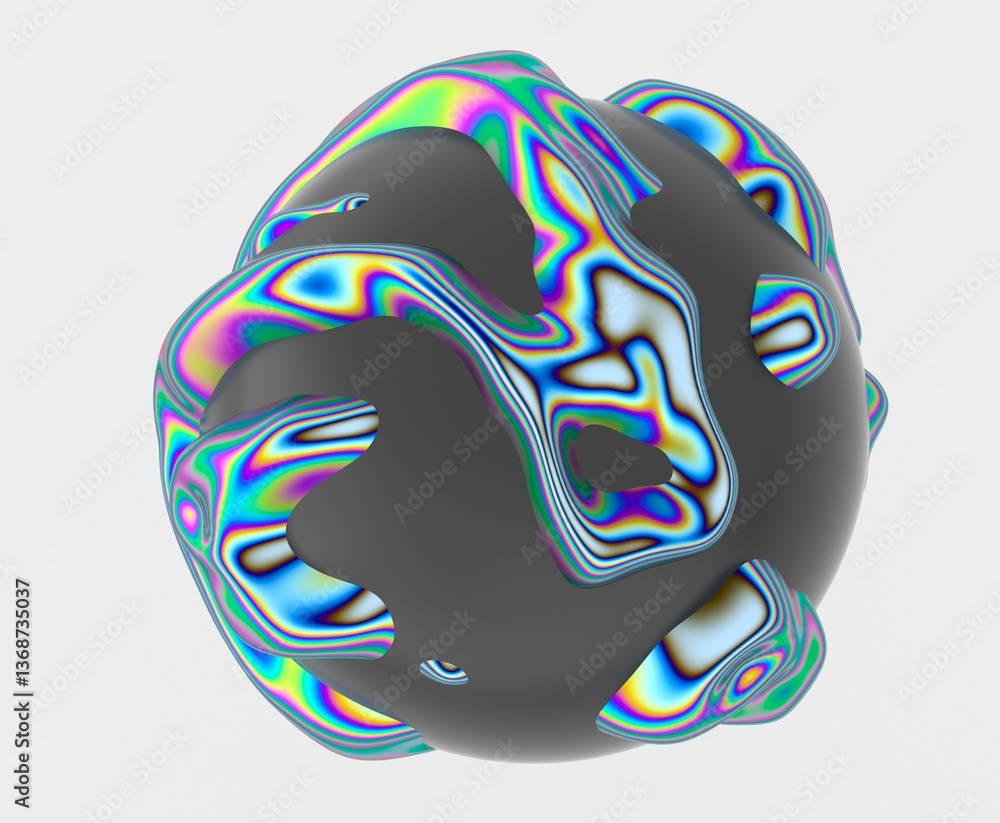 Poster 3D abstract sphere with colorful, fluid-like stripes on a dark surface, creating a vibrant, psychedelic, and wavy pattern. The design is futuristic and visually dynamic.