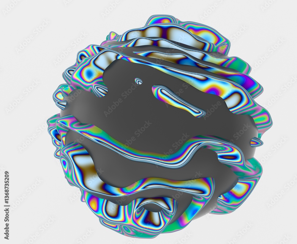 Poster 3D abstract sphere with colorful, fluid-like stripes on a dark surface, creating a vibrant, psychedelic, and wavy pattern. The design is futuristic and visually dynamic.