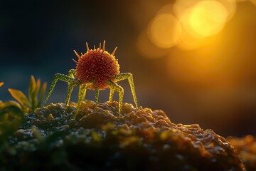 A digital rendering of a fantastical, microscopic creature with spiky protuberances standing on a textured surface, illuminated by a warm light.