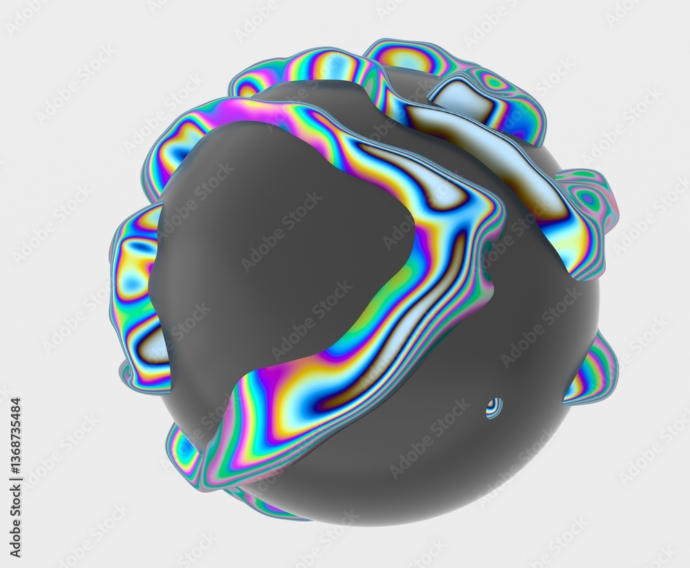 Poster 3D abstract sphere with colorful, fluid-like stripes on a dark surface, creating a vibrant, psychedelic, and wavy pattern. The design is futuristic and visually dynamic.