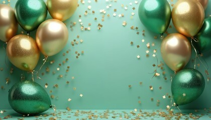 Festive scene featuring green gold balloons scattered confetti against teal backdrop. Celebration, party, event, birthday, anniversary, holidays. Decor element for joy, happiness, fun, playful mood.