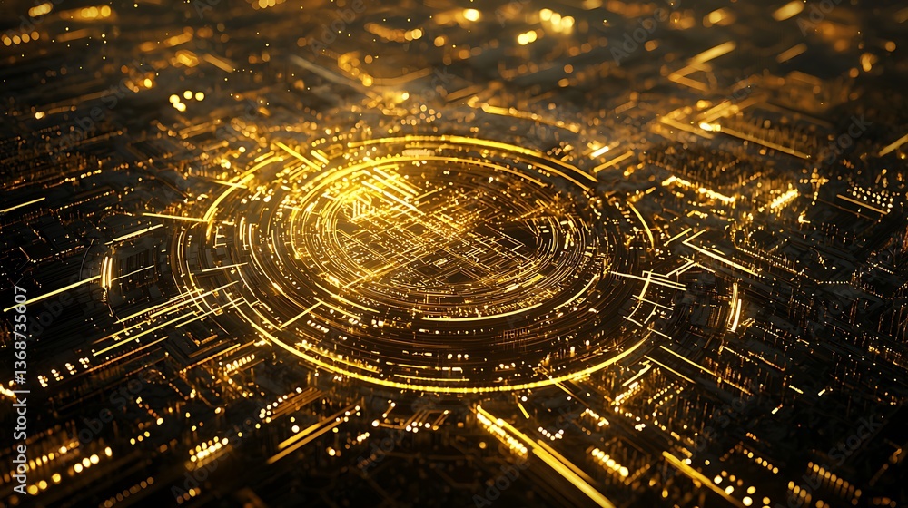 Poster abstract circuit board design with glowing golden lines and circular patterns