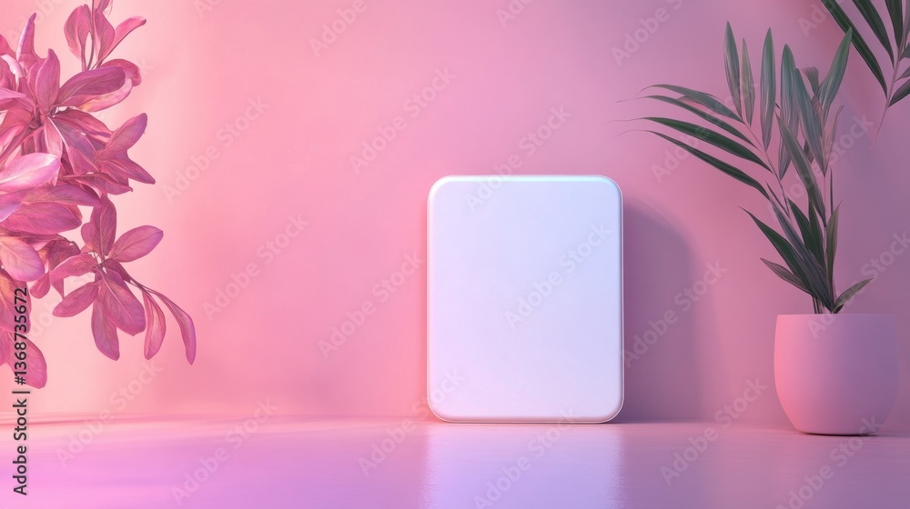 Poster this minimalist display features a blank canvas against a soft pink background, complemented by gree