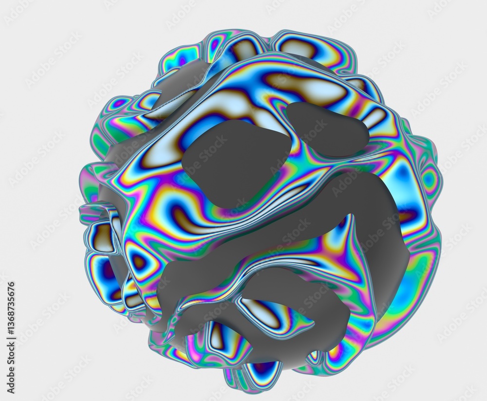 Aufkleber 3D abstract sphere with colorful, fluid-like stripes on a dark surface, creating a vibrant, psychedelic, and wavy pattern. The design is futuristic and visually dynamic.