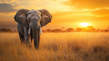 Obraz premium A majestic elephant walks through a grassy field at sunset
