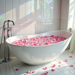 Rose petals drift on still water in a clean white tub with golden accents. Sunlight and soft tones create a peaceful spa-like ambiance. The scene radiates freshness and elegant self-care.