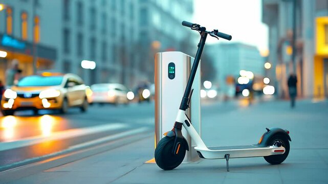 Modern electric scooter parked next to a public charging station in an urban environment with cars and pedestrians, highlighting the rise of sustainable micro-mobility and smart city infrastructure.