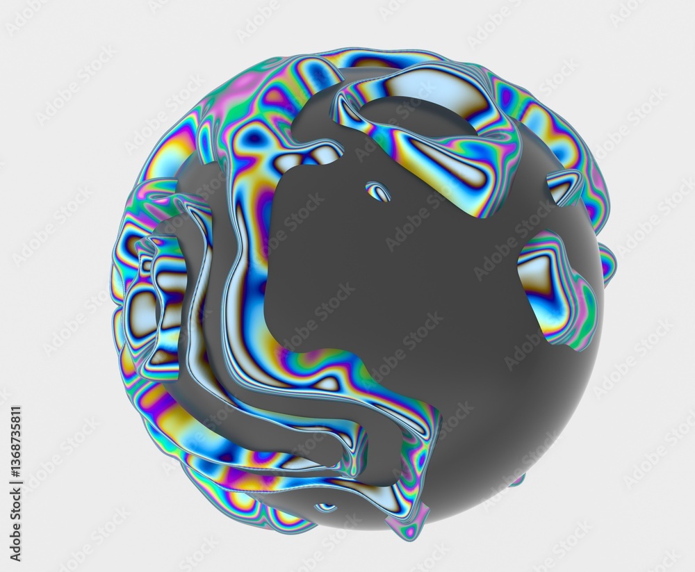 Aufkleber 3D abstract sphere with colorful, fluid-like stripes on a dark surface, creating a vibrant, psychedelic, and wavy pattern. The design is futuristic and visually dynamic.