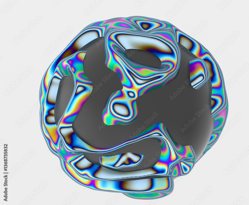 Aufkleber 3D abstract sphere with colorful, fluid-like stripes on a dark surface, creating a vibrant, psychedelic, and wavy pattern. The design is futuristic and visually dynamic.