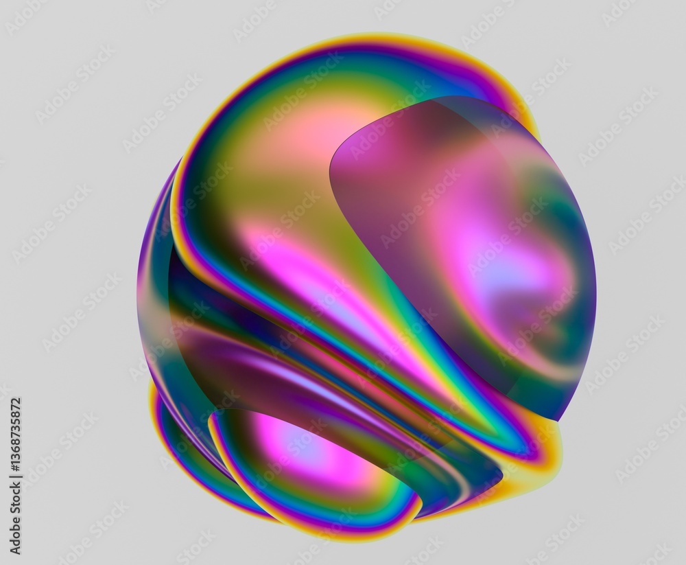 Aufkleber 3D abstract form featuring smooth, iridescent curves with a rainbow-like spectrum of colors. The reflective material creates a futuristic and dynamic visual effect. 