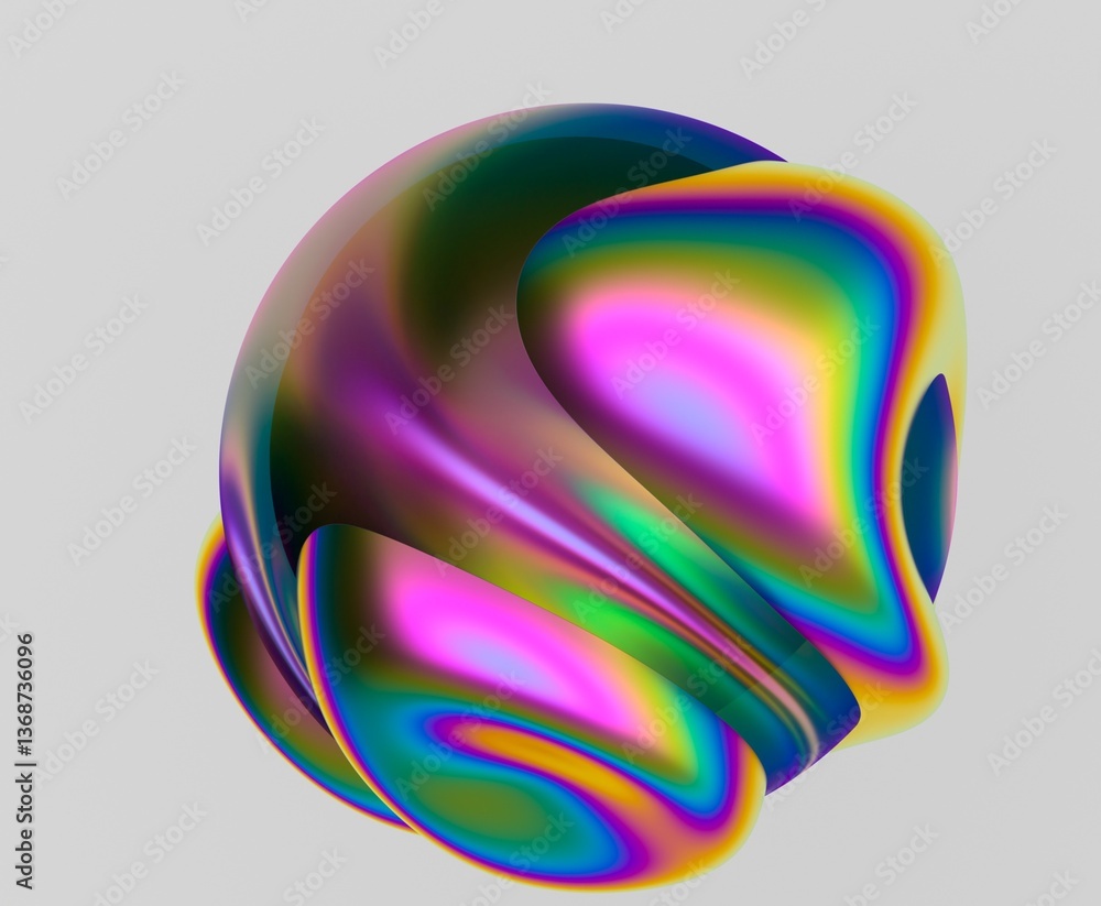 Poster 3D abstract form featuring smooth, iridescent curves with a rainbow-like spectrum of colors. The reflective material creates a futuristic and dynamic visual effect. 