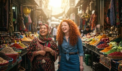 Fototapeta premium Middle Eastern woman and Caucasian woman laughing in outdoor market in Egypt. Highlights diversity and cultural exchange.