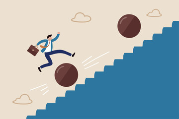Overcome obstacle, effort or adversity for business growth, difficulty, challenge to win competition, skill or leadership concept, businessman jump over falling boulder to climb up stair of success.