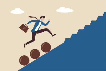 Overcome obstacle, effort or adversity for business growth, difficulty, challenge to win competition, skill or leadership concept, businessman jump over falling boulder to climb up stair of success.