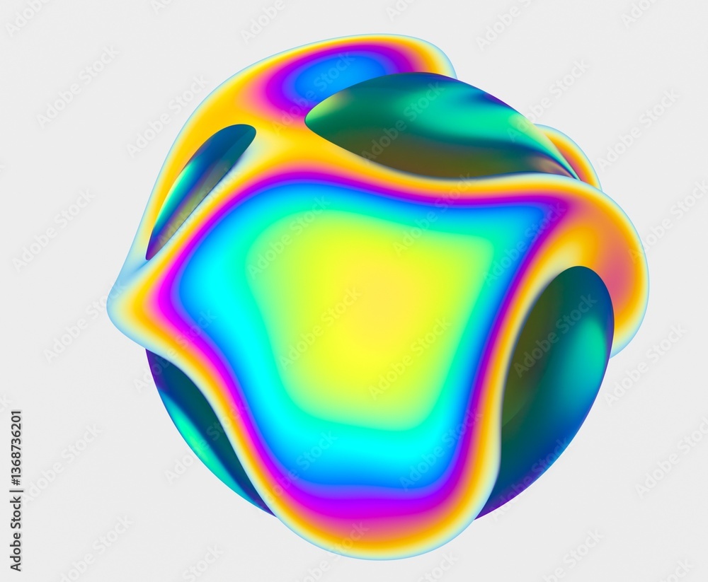 Poster 3D abstract shpere with vibrant, swirling colors and smooth, fluid curves, creating a dynamic and psychedelic effect. The bright, glossy surface highlights its futuristic design.