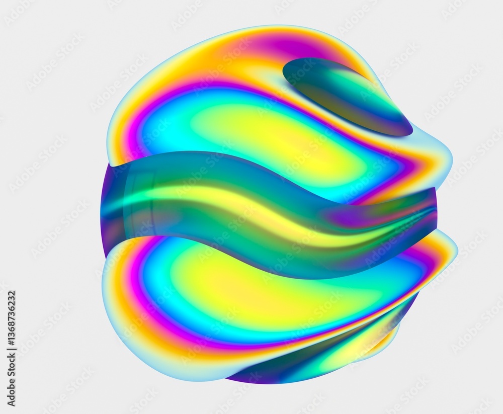Poster 3D abstract shpere with vibrant, swirling colors and smooth, fluid curves, creating a dynamic and psychedelic effect. The bright, glossy surface highlights its futuristic design.