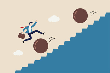 Overcome obstacle, effort or adversity for business growth, difficulty, challenge to win competition, skill or leadership concept, businessman jump over falling boulder to climb up stair of success.