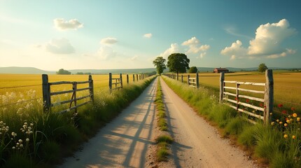 Fototapeta premium a serene countryside road lined with old wooden fences, surrounded by lush green fields and wildflowers swaying gently in the afternoon breeze. 