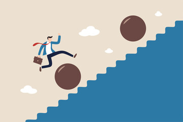 Overcome obstacle, effort or adversity for business growth, difficulty, challenge to win competition, skill or leadership concept, businessman jump over falling boulder to climb up stair of success.