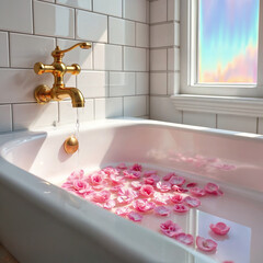 Golden faucet fills a pastel tub where rose petals float gently. Warm light enters through the window, adding a soft glow. A perfect blend of luxury, calmness, and floral beauty.