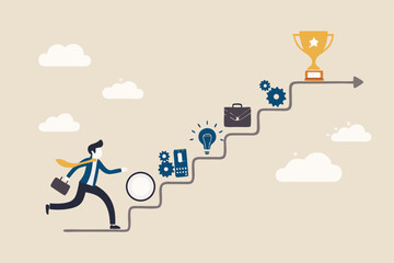 Skill development for career growth to success, leadership ladder or job improvement, experience or motivation to succeed concept, businessman climb up stair of working skill to reach winning trophy.
