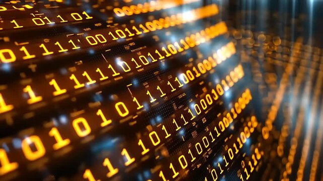 Abstract representation of binary code flowing through a digital landscape, symbolizing technology