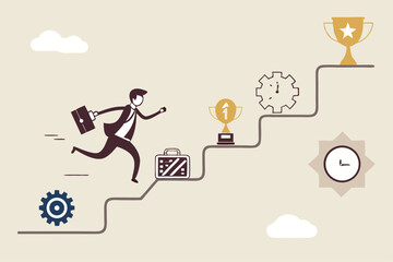 Skill development for career growth to success, leadership ladder or job improvement, experience or motivation to succeed concept, businessman climb up stair of working skill to reach winning trophy.