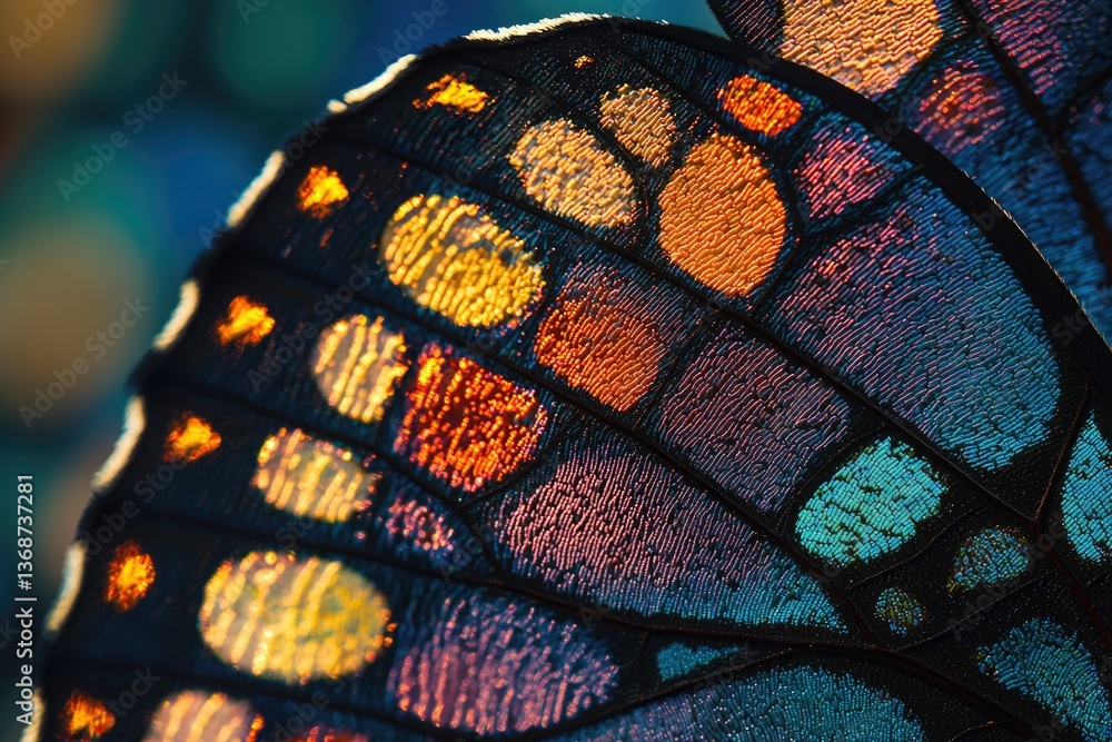 Poster close-up showcasing intricate details of a butterfly wing with vibrant colors and translucent patter