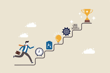 Skill development for career growth to success, leadership ladder or job improvement, experience or motivation to succeed concept, businessman climb up stair of working skill to reach winning trophy.