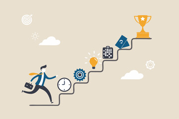 Skill development for career growth to success, leadership ladder or job improvement, experience or motivation to succeed concept, businessman climb up stair of working skill to reach winning trophy.
