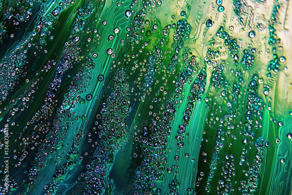 Poster an abstract close-up captures green streams dotted with iridescent droplets, creating an otherworldl