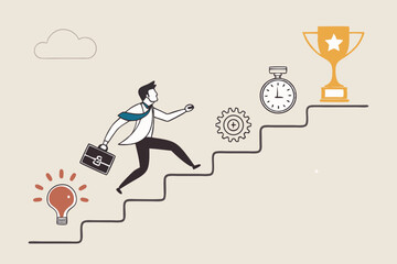 Skill development for career growth to success, leadership ladder or job improvement, experience or motivation to succeed concept, businessman climb up stair of working skill to reach winning trophy.