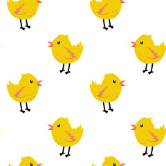 Cute yellow chicks in playful pattern on a white background