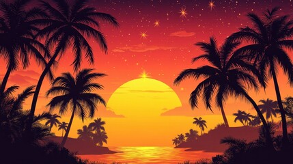 A stunning sunset view over a tropical island with silhouetted palm trees. The vibrant orange and yellow hues blend with a starry sky, creating a serene atmosphere perfect for relaxation and